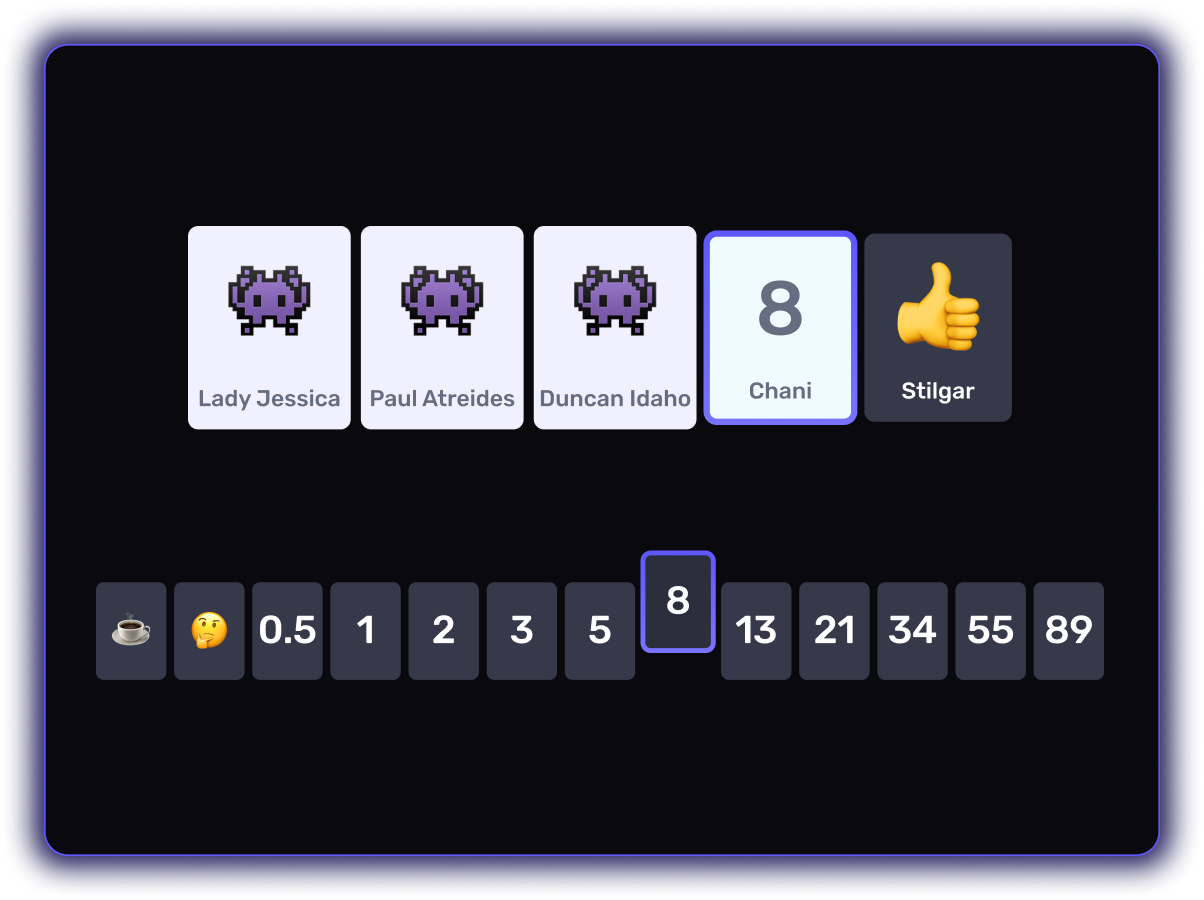 Scrumarise voting board with team estimates and planning poker cards